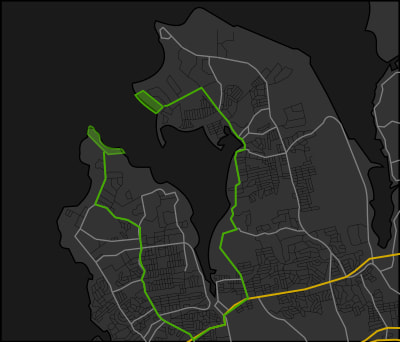 A map of Long Island, New York that shows the driving route from King's Point to Sands Point.