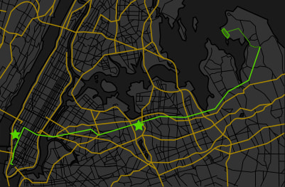 A map of Greater New York City showing the train route from the Financial District in Manhattan to Sands Ponts, Long Island.