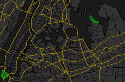 A map of Greater New York City, with the Financial District in Manhattan and King's Point of Long Island highlighted.