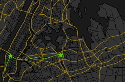 A map of Greater New York City highlighting the train route from the Financial District in Manhattan to Flushing Meadows Corona Park.
