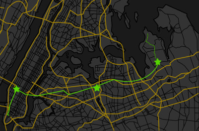 A map of Greater New York City showing the train route from King's Point to the Financial District in manhattan.