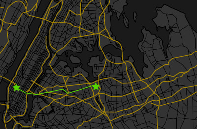A map that shows the train route from Flushing Meadows Corona Park in Queens, New York to Pennsylvania Station in Manhattan.