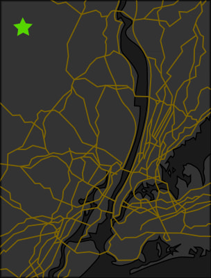 A map of New York that highlights the town of Warwick.
