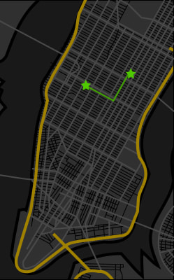 A map of Manhattan, New York with the the Yale Club and Penn Station highlighted